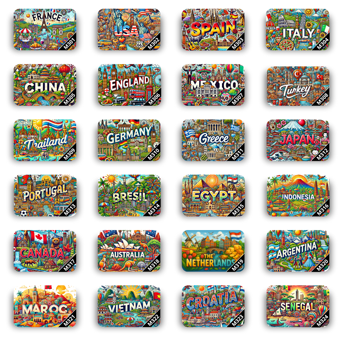 Lot de 12 Magnets Pays du Monde