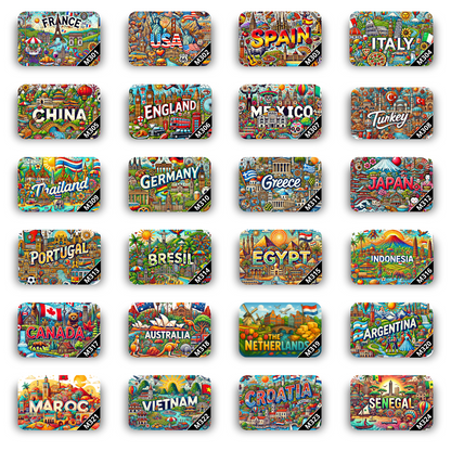 Lot de 12 Magnets Pays du Monde